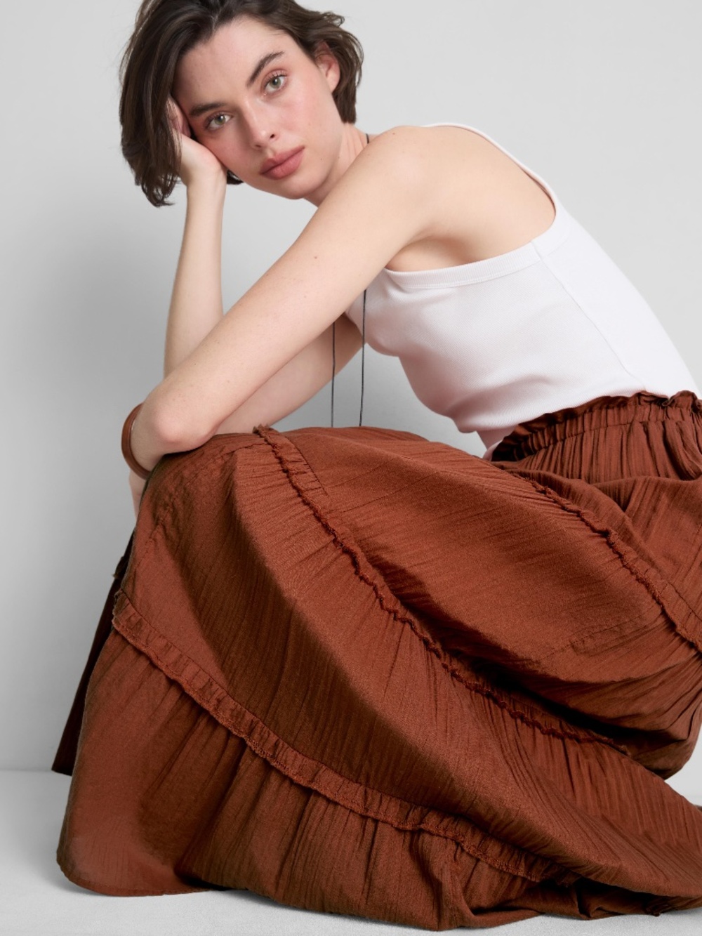 Dark Orange Tiered Voile Maxi Skirt